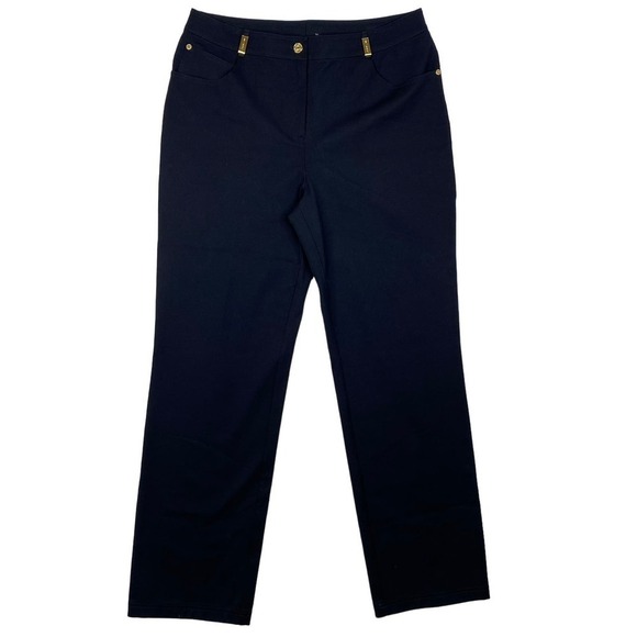 NWOT St. John 5 Pocket Black Gold Flat Front Straight Leg Highrise Pants Size 12 - Picture 1 of 9